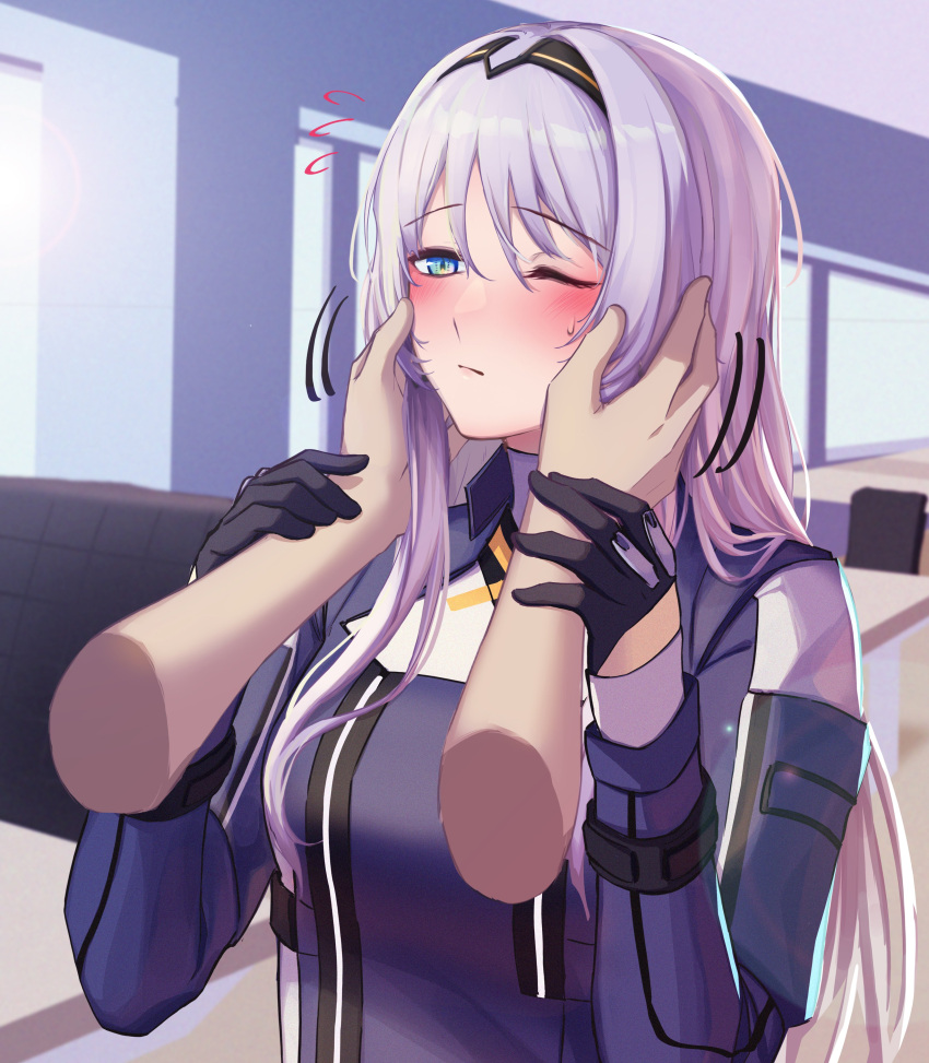 1girl 3_small_spiders absurdres an-94_(girls'_frontline) aqua_eyes bangs black_gloves black_hairband blush breasts closed_mouth commentary eyebrows_visible_through_hair girls'_frontline gloves hairband hands_on_own_face highres long_hair looking_at_viewer one_eye_closed platinum_blonde_hair silver_hair simple_background solo sweatdrop tactical_clothes upper_body
