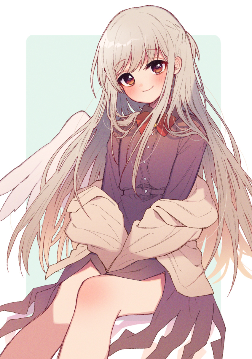 1girl alternate_hair_length alternate_hairstyle angel_wings aqua_background bangs beige_jacket blush border bow bowtie brown_eyes buttons closed_mouth commentary_request dress eyebrows_visible_through_hair grey_hair highres jacket kishin_sagume long_hair long_sleeves off_shoulder open_clothes open_jacket outside_border purple_dress red_bow red_bowtie silver_hair single_wing sitting smile solo touhou touya_(konpekitou) white_border wings