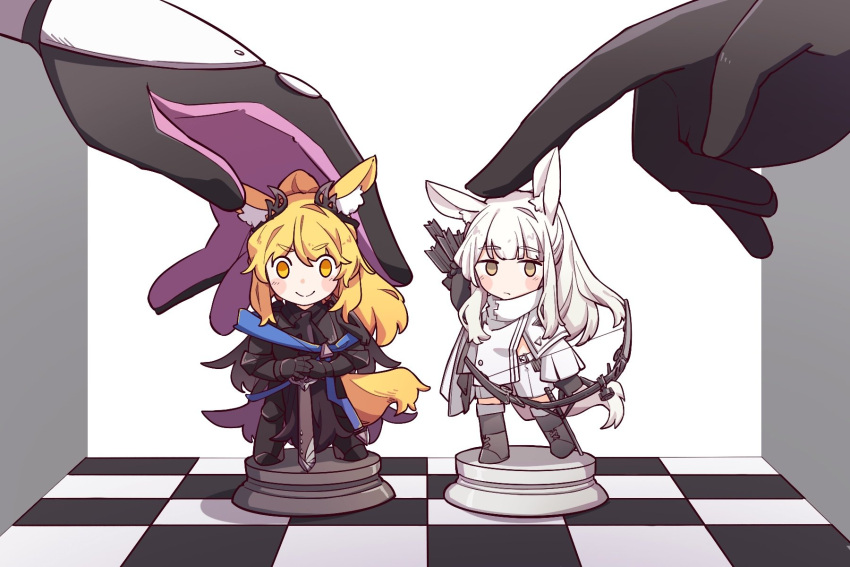 2girls animal_ears arknights armor armored_boots black_armor black_footwear black_gloves blemishine_(arknights) blonde_hair blush boots bow_(weapon) breastplate chess_piece chessboard chestnut_(fgg6551) chibi ear_ornament eyebrows_visible_through_hair gauntlets gloves highres holding holding_bow_(weapon) holding_weapon horse_ears horse_tail jacket long_hair multiple_girls planted planted_sword platinum_(arknights) ponytail purple_gloves shorts smile split_mouth sword tail two-tone_gloves v-shaped_eyebrows weapon white_hair white_jacket white_shorts yellow_eyes