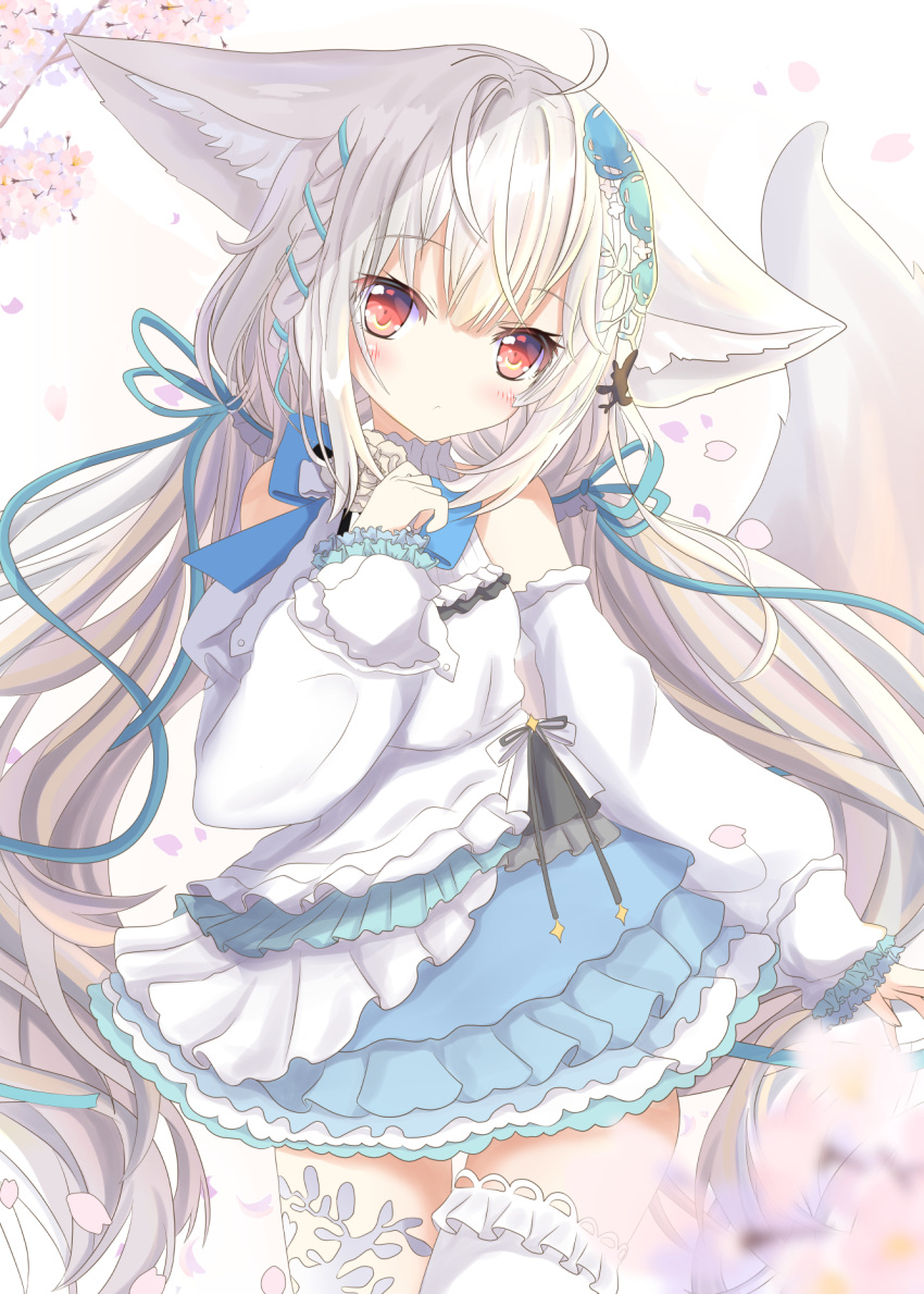 1girl animal_ear_fluff animal_ears aruka_(alka_p1) blush commentary_request commission dress fox_ears fox_girl fox_tail highres long_hair looking_at_viewer low_twintails original red_eyes sakurada_shiro skeb_commission solo tail thighhighs twintails very_long_hair white_hair white_legwear