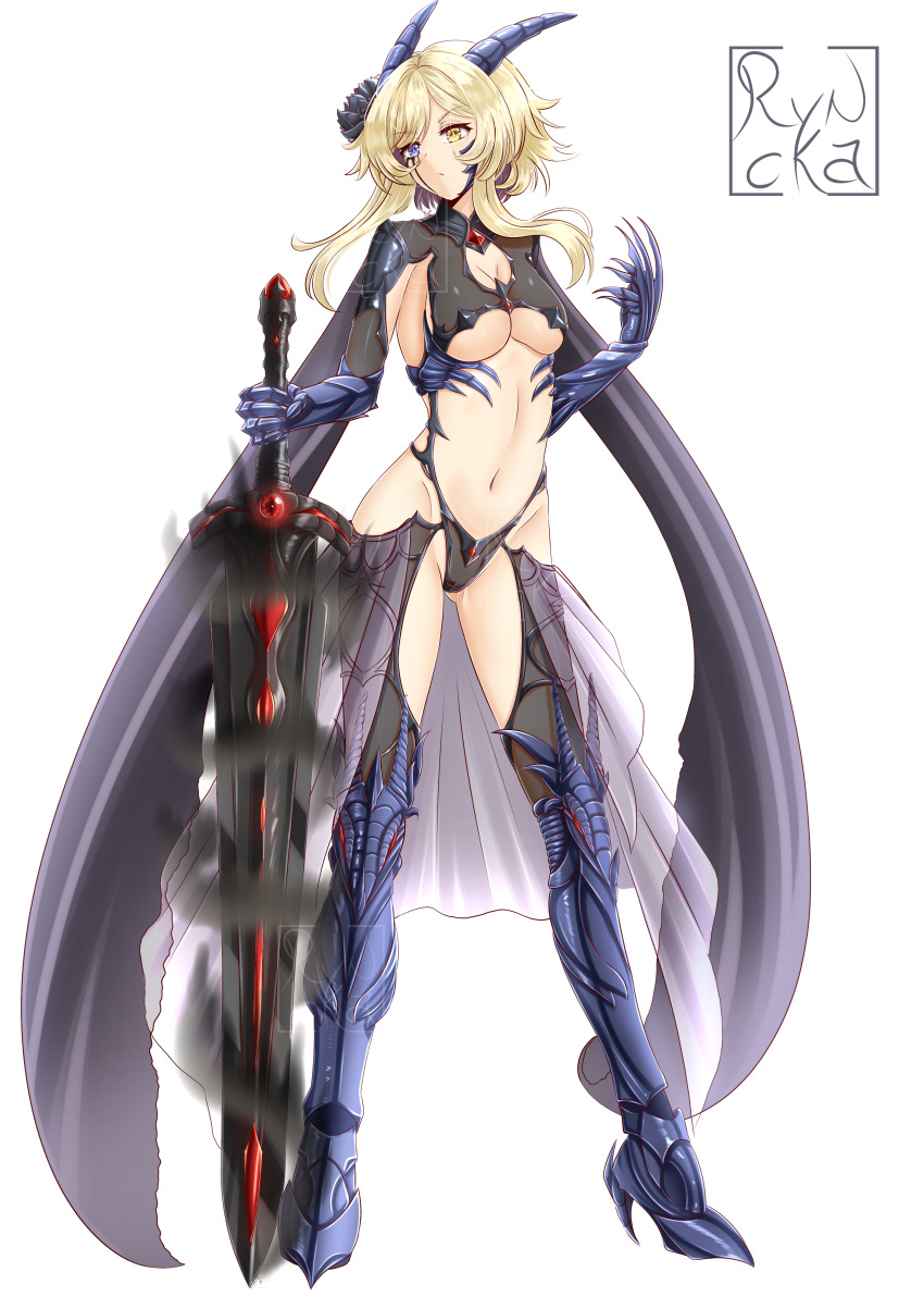 1girl absurdres artist_name artoria_pendragon_(fate) bangs black_panties blonde_hair breasts cleavage cleavage_cutout closed_mouth clothing_cutout cosplay crossover english_commentary fate/grand_order fate_(series) flower forehead full_body genshin_impact hair_flower hair_ornament heterochromia high_heels highleg highleg_panties highres holding horns impossible_clothes large_breasts legs_apart lumine_(genshin_impact) navel panties parted_bangs revealing_clothes ryncka saber saber_alter simple_background solo standing underwear v-shaped_eyebrows white_background