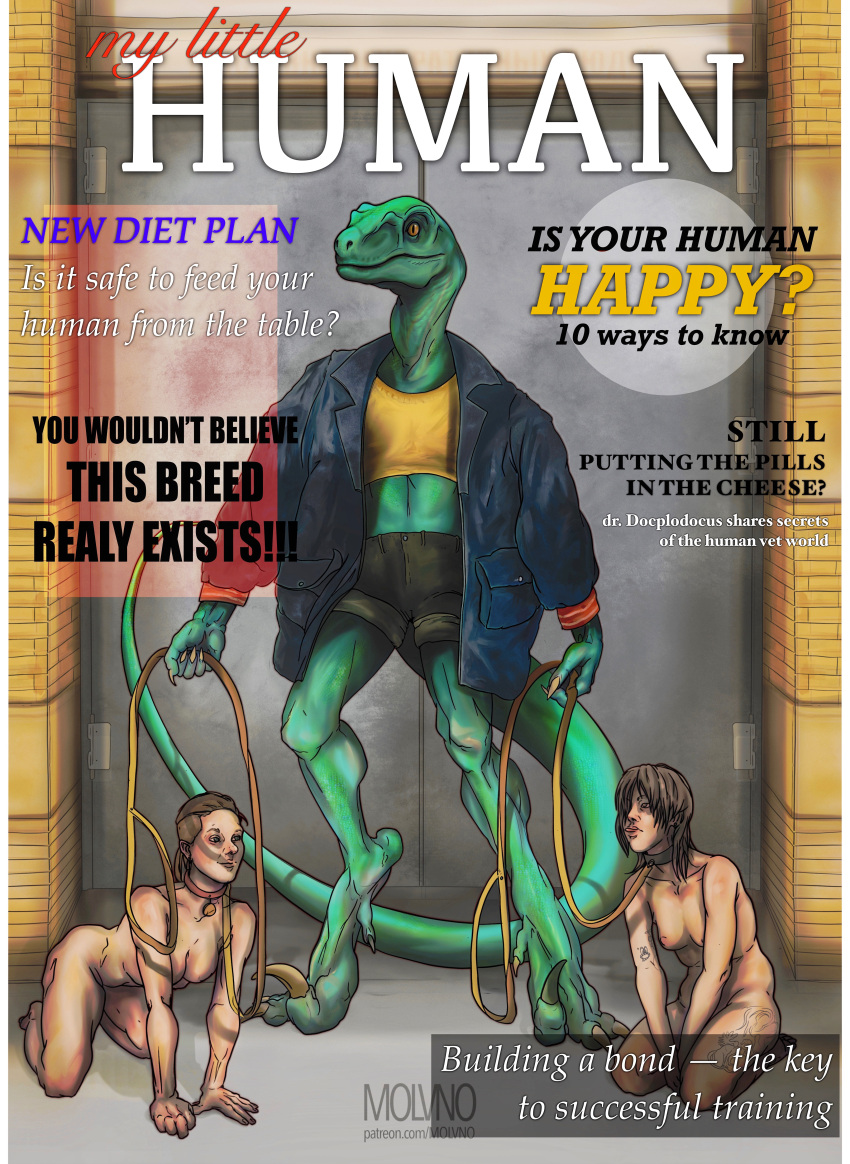 absurd_res anthro clothed clothing collar dinosaur dromaeosaurid female group hi_res human human_pet humor joke magazine male mammal molvno nude poster reptile scalie text theropod velociraptor what