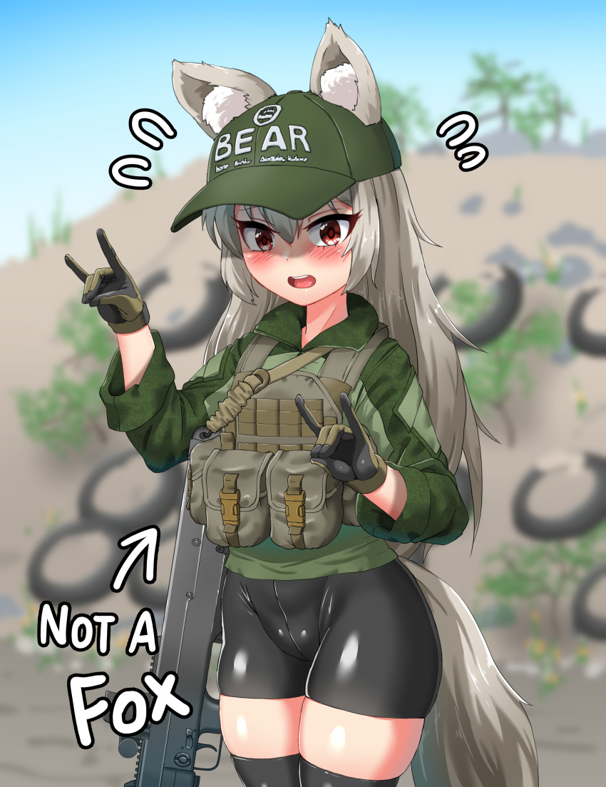 1girl absurdres animal_ears ash-12.7 baseball_cap battle_rifle black_gloves black_legwear black_shorts brown_gloves english_text gloves green_headwear green_jacket grey_hair gun hat highres jacket kirochef long_hair long_sleeves multicolored_clothes multicolored_gloves original outdoors red_eyes rifle shiny shiny_clothes short_shorts shorts solo standing tail thighhighs weapon wolf_ears wolf_girl wolf_tail