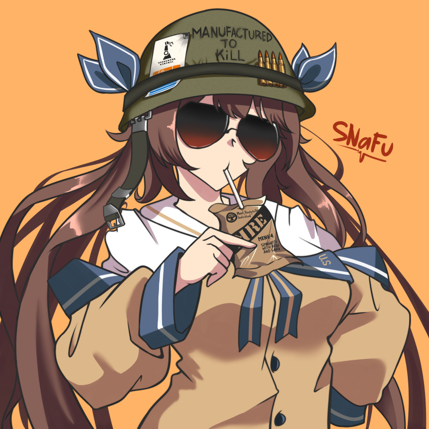 1girl absurdres brown_hair bullet commentary drinking drinking_straw english_commentary full_metal_jacket girls'_frontline helmet highres long_hair long_sleeves m14_(girls'_frontline) mre orange_background parody simple_background snafu solo sunglasses twintails upper_body