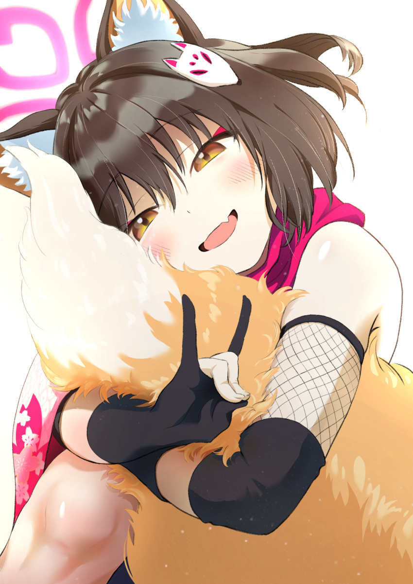 1girl :d animal_ear_fluff animal_ears asymmetrical_sleeves bangs bare_shoulders blue_archive blush brown_hair eyebrows_visible_through_hair eyeshadow fang fox_ears fox_girl fox_hair_ornament fox_shadow_puppet fox_tail gloves hair_between_eyes halo head_tilt highres izuna_(blue_archive) makeup mismatched_sleeves nadayui open_mouth partially_fingerless_gloves pink_scarf red_eyeshadow scarf shiny shiny_hair shiny_skin short_hair skin_fang smile solo tail tail_hug yellow_eyes