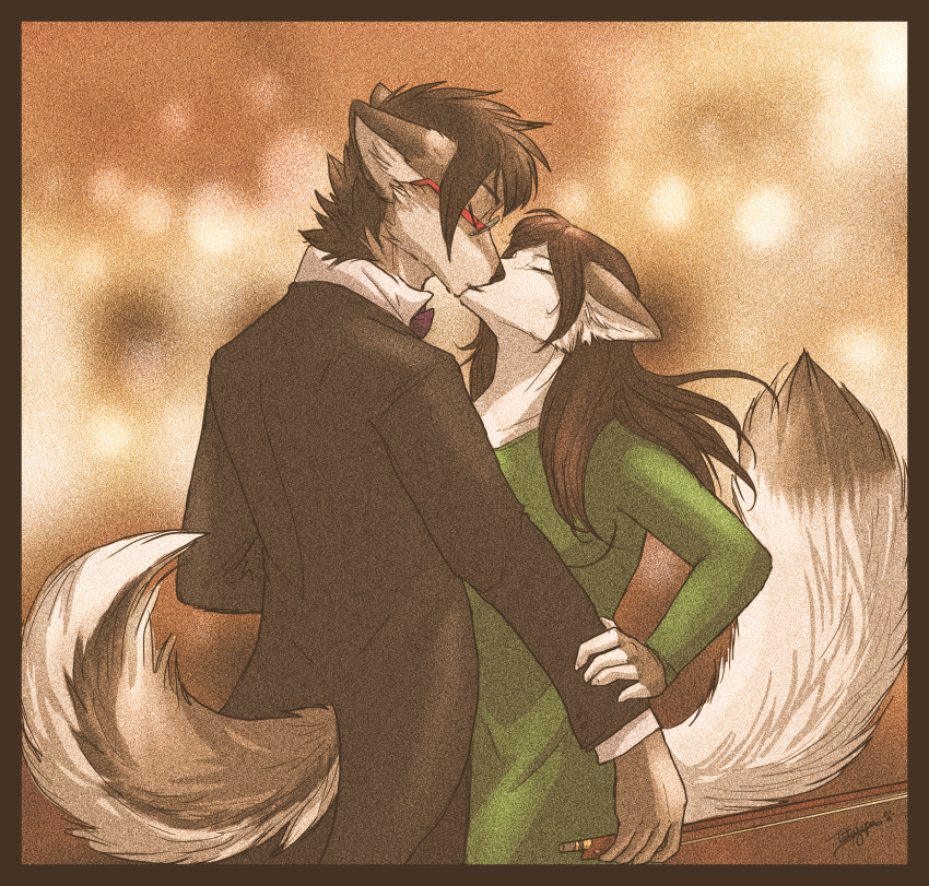 absurd_res anthro bow_(stringed_instrument) canid canine canis clothing duo eyewear female glasses hair hi_res kissing male male/female mammal tatujapa wolf