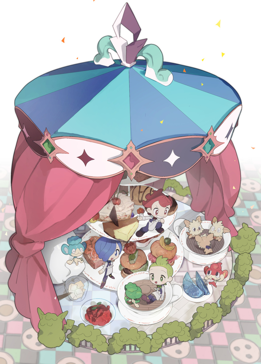 3boys absurdres apron blue_hair brown_footwear chili_(pokemon) cilan_(pokemon) cress_(pokemon) cup green_hair grin highres male_focus mimura_(nnnnnnnnmoo) multiple_boys open_mouth panpour pansage pansear pants pokemon pokemon_(game) pokemon_bw red_hair saucer shirt shoes short_hair sitting smile standing symbol-only_commentary teacup teeth vest waist_apron white_apron