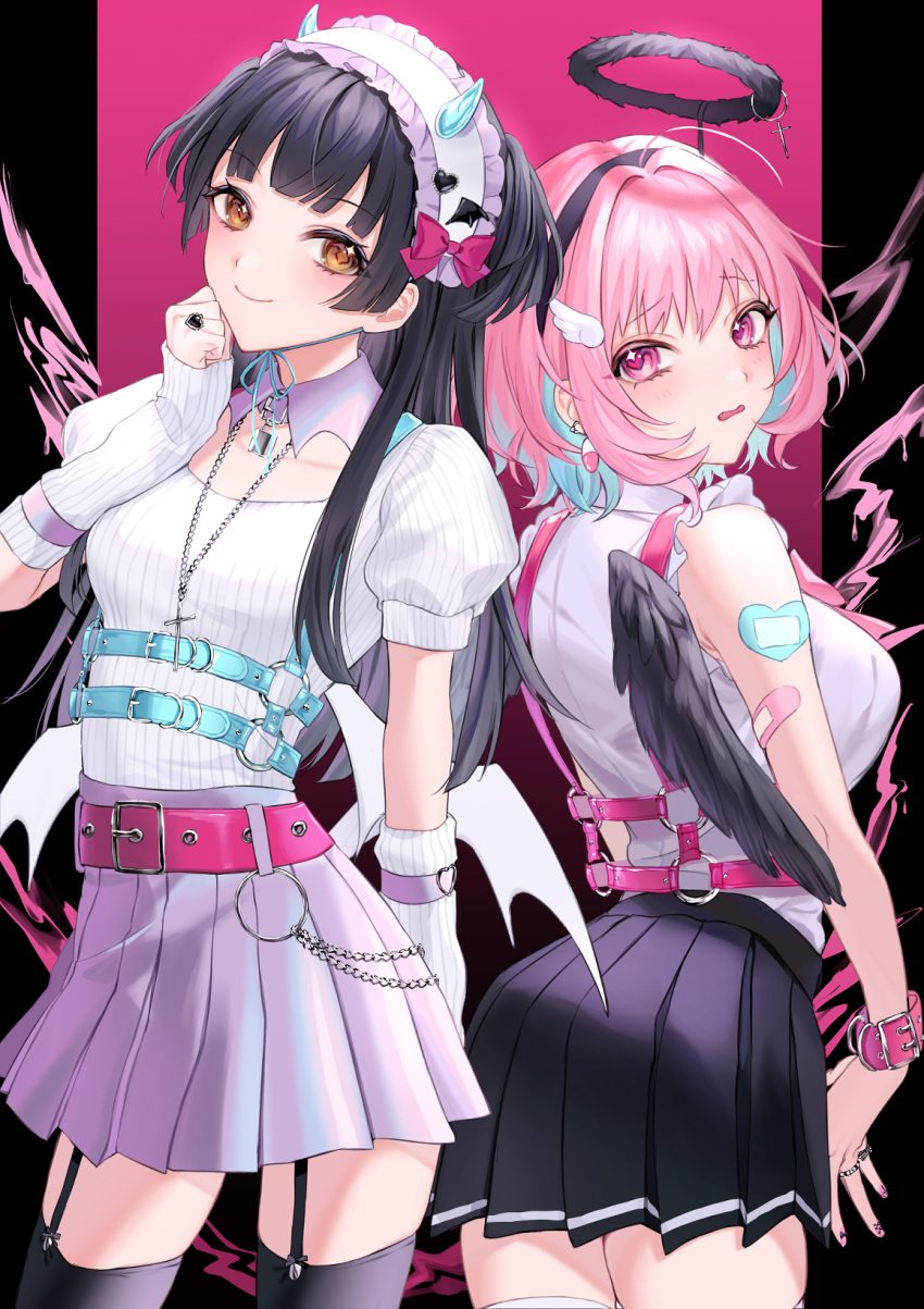 2girls anoa bandaid bandaid_on_arm bangs black_hair black_hairband black_legwear black_skirt black_wings blue_hair breasts brown_eyes closed_mouth commentary_request detached_sleeves eyebrows_visible_through_hair fake_halo feathered_wings frilled_hairband frills garter_straps hairband heart heart-shaped_eyes highres idolmaster idolmaster_cinderella_girls idolmaster_shiny_colors jewelry long_sleeves mayuzumi_fuyuko medium_breasts multicolored_hair multiple_girls necklace parted_lips pink_hair pleated_skirt puffy_short_sleeves puffy_sleeves purple_eyes purple_skirt ring shirt short_sleeves skirt sleeves_past_wrists smile strap symbol_in_eye thighhighs two-tone_hair wavy_hair white_hairband white_legwear white_shirt wings yumemi_riamu