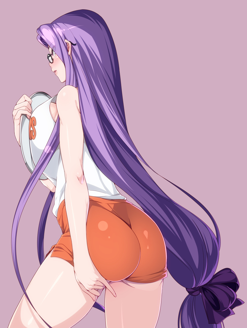 1girl 846-gou absurdres ass back bangs bare_shoulders breast_press breasts fate/stay_night fate_(series) glasses highres hooters large_breasts long_hair looking_at_viewer looking_back medusa_(fate) medusa_(rider)_(fate) orange_shorts parted_bangs parted_lips purple_eyes purple_hair short_shorts shorts sidelocks solo tank_top thighs tray very_long_hair white_tank_top