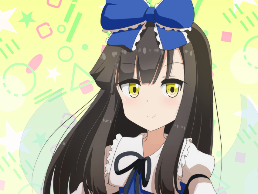 1girl bangs black_bow black_bowtie blue_bow blue_dress blush bow bowtie cato_(monocatienus) circle closed_mouth cloud collared_shirt commentary_request dress elips eyebrows_visible_through_hair fairy_wings frills grey_hair hair_between_eyes hair_bow hexagon juliet_sleeves long_hair long_sleeves looking_to_the_side puffy_sleeves shirt smile solo square star_sapphire touhou triangle upper_body white_shirt wings yellow_background yellow_eyes