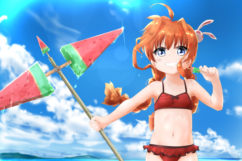 1girl ahoge armpits ban_(777purin) bikini blue_eyes blush braid breasts bunny_hair_ornament eyebrows_visible_through_hair food grin hair_ornament long_hair looking_at_viewer lyrical_nanoha mahou_shoujo_lyrical_nanoha mahou_shoujo_lyrical_nanoha_a's mahou_shoujo_lyrical_nanoha_strikers navel outdoors popsicle red_bikini red_hair shiny shiny_hair shiny_skin small_breasts smile solo sweat swimsuit twin_braids twintails vita