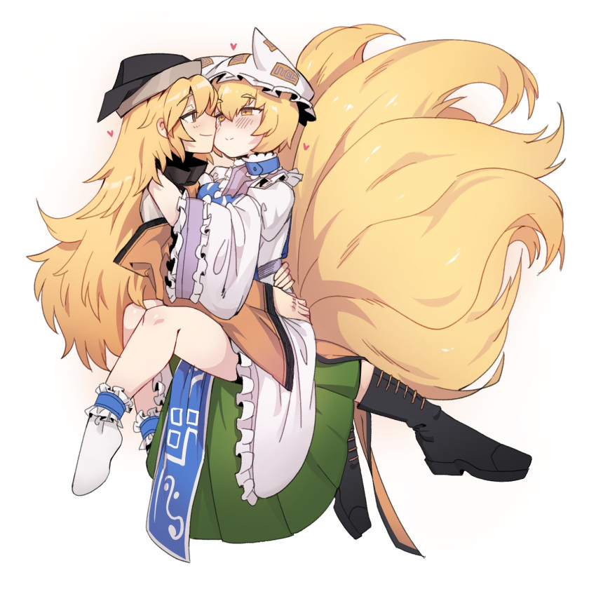 2girls black_footwear black_headwear blonde_hair blush boots closed_mouth commission dress english_commentary eyebrows_visible_through_hair fox_tail green_skirt hat heart highres holding_person kitsune long_hair long_sleeves looking_at_another matara_okina multiple_girls multiple_tails nyong_nyong pillow_hat short_hair simple_background skirt smile tabard tail touhou white_background white_dress white_footwear white_headwear wide_sleeves yakumo_ran yellow_eyes yuri