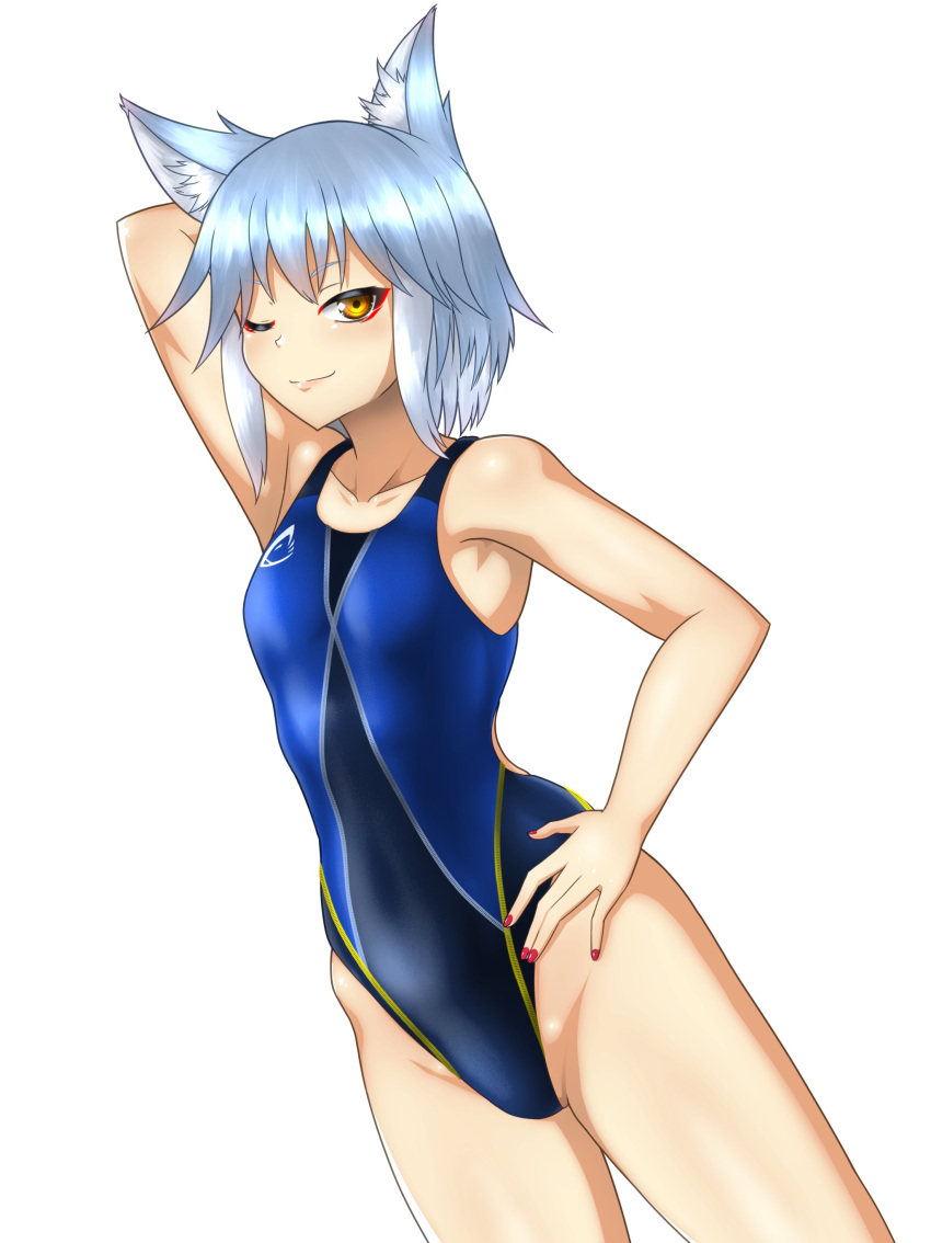 1girl absurdres animal_ears armpits blue_swimsuit breasts character_request commentary_request competition_swimsuit copyright_request dutch_angle fox_ears groin hand_on_hip highres looking_at_viewer multicolored_clothes multicolored_swimsuit nail_polish one-piece_swimsuit one_eye_closed pool presenting_armpit silver_hair simple_background small_breasts solo standing swimsuit virtual_youtuber white_background yellow_eyes yurinozuku1112