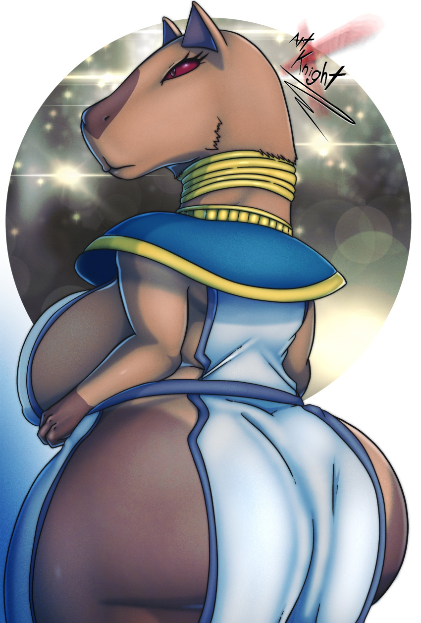 absurd_res anthro big_breasts big_butt breasts butt capybara capybarian caviid clothed clothing female hi_res huge_breasts huge_butt jewelry looking_back mammal rear_view red_sclera rodent simple_background solo space_dandy xartknight