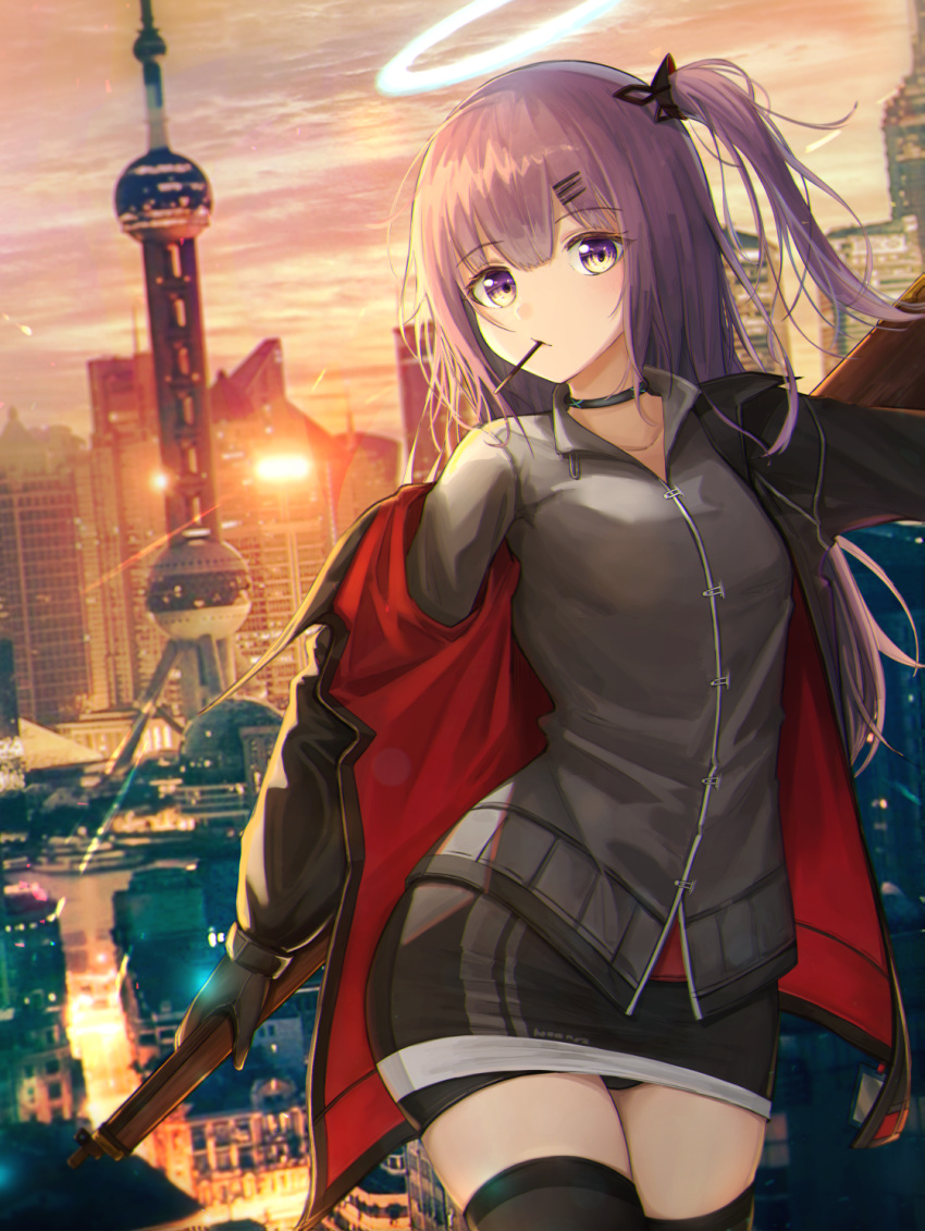 1girl ambriel_(arknights) arknights backlighting bangs black_gloves black_jacket black_legwear building choker cityscape closed_mouth cloud cloudy_sky collarbone collared_shirt contrapposto cowboy_shot cropped_arms cropped_legs eyebrows_visible_through_hair flippy_(cripine111) food gloves grey_shirt gun hair_ornament hairclip halo head_tilt highres holding holding_gun holding_weapon infection_monitor_(arknights) jacket light_blush long_hair long_sleeves looking_at_viewer miniskirt one_side_up photo_background pocky pocky_in_mouth purple_eyes purple_hair red_jacket rifle see-through_legwear shanghai shirt skindentation skirt sky skyscraper solo sunset thighhighs weapon zettai_ryouiki