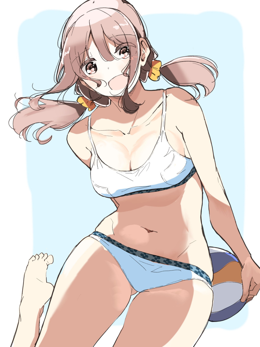1girl :d absurdres ass_visible_through_thighs ball barefoot beach_volleyball bikini breasts brown_eyes brown_hair cleavage collarbone commentary_request eyebrows_visible_through_hair eyes_visible_through_hair feet hair_ornament hair_scrunchie harukana_receive highres holding holding_ball looking_at_viewer medium_breasts navel nyoijizai oozora_haruka_(harukana_receive) open_mouth scrunchie sidelocks simple_background sketch smile solo standing standing_on_one_leg swimsuit thigh_gap thighs toes twintails volleyball white_bikini