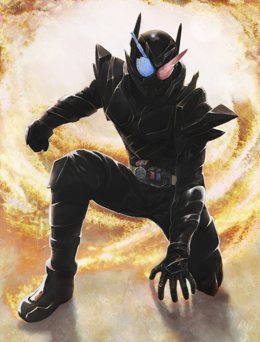 1boy armor black_armor blue_eyes build_driver compound_eyes driver explosion feet_out_of_frame hazard_stripes hazard_trigger heterochromia highres kamen_rider kamen_rider_build kamen_rider_build_(series) landing looking_at_viewer male_focus one_knee rabbit+tank_form_(black_hazard) rabbit_fullbottle red_eyes science_fiction shoulder_armor solo tank_fullbottle toy_(toylord)