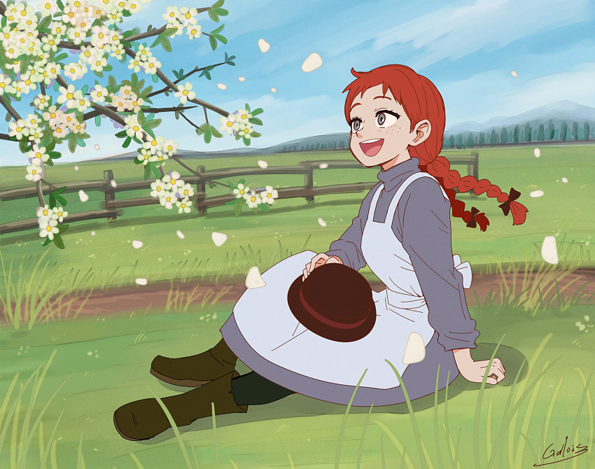 1girl anne_of_green_gables anne_shirley apron blue_sky boots braid branch day dress fence flower freckles galois green_legwear grey_dress hat hat_removed headwear_removed highres medium_hair outdoors petals red_hair signature sitting sky solo twin_braids