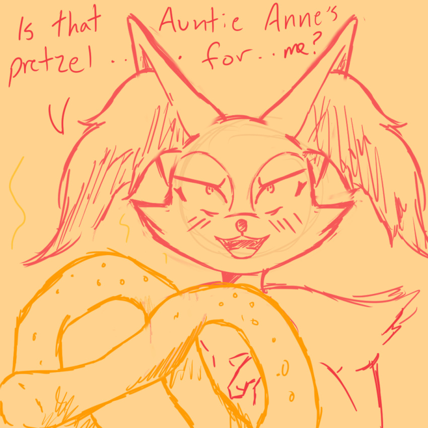 ambiguous_gender anthro auntie_anne's braixen canid canine dialogue english_text food fox holding_food holding_object holemann inner_ear_fluff looking_at_viewer mammal nintendo offering_food pok&eacute;mon pok&eacute;mon_(species) pretzel_(food) solo talking_to_viewer text tuft video_games