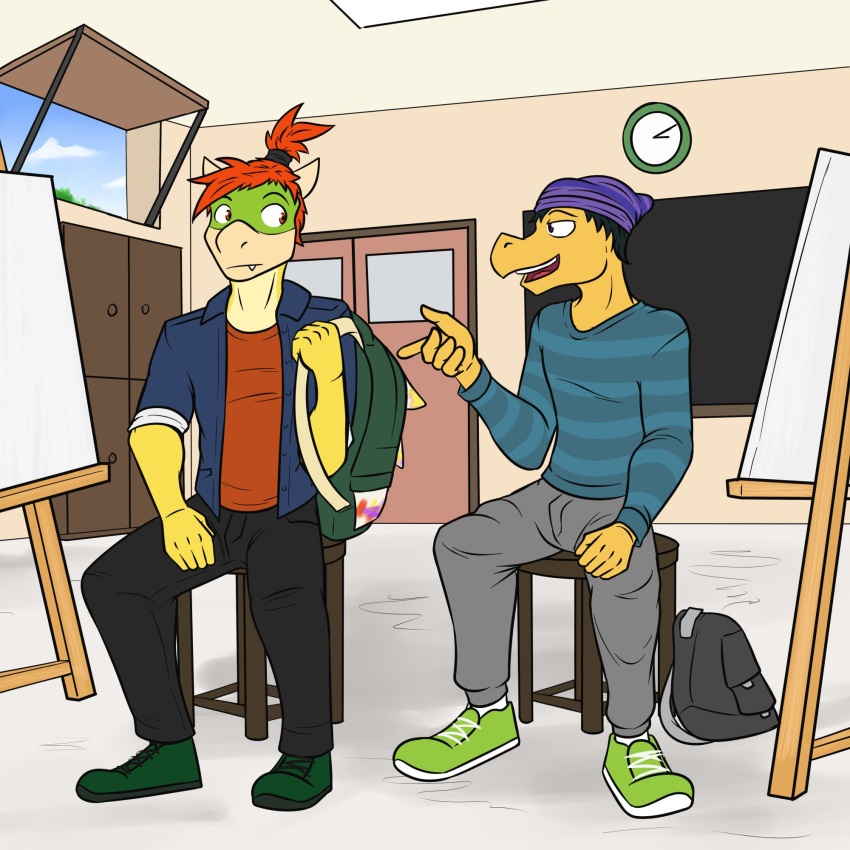 anthro anthrofied backpack beanie bottomwear bowser_jr. clothed clothing duo easel footwear fully_clothed furniture fuze hat headgear headwear hi_res koopa male mario_bros nintendo pants scalie shirt shoes sitting stool sweater topwear video_games