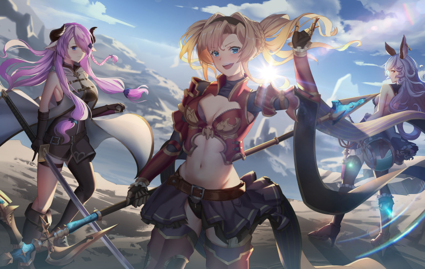 3girls absurdres animal_ears asymmetrical_legwear bangs bare_shoulders black_gloves blonde_hair blue_eyes blue_hair blush braid breasts brown_eyes cleavage draph elbow_gloves erune ferry_(granblue_fantasy) gloves granblue_fantasy hair_intakes hair_over_one_eye hairband highres horns large_breasts light_purple_hair long_hair looking_at_viewer looking_back multiple_girls narmaya_(granblue_fantasy) navel open_mouth pointy_ears purple_hair sideboob skirt smile thighhighs twintails very_long_hair wavy_hair weapon zero_yee zeta_(granblue_fantasy)