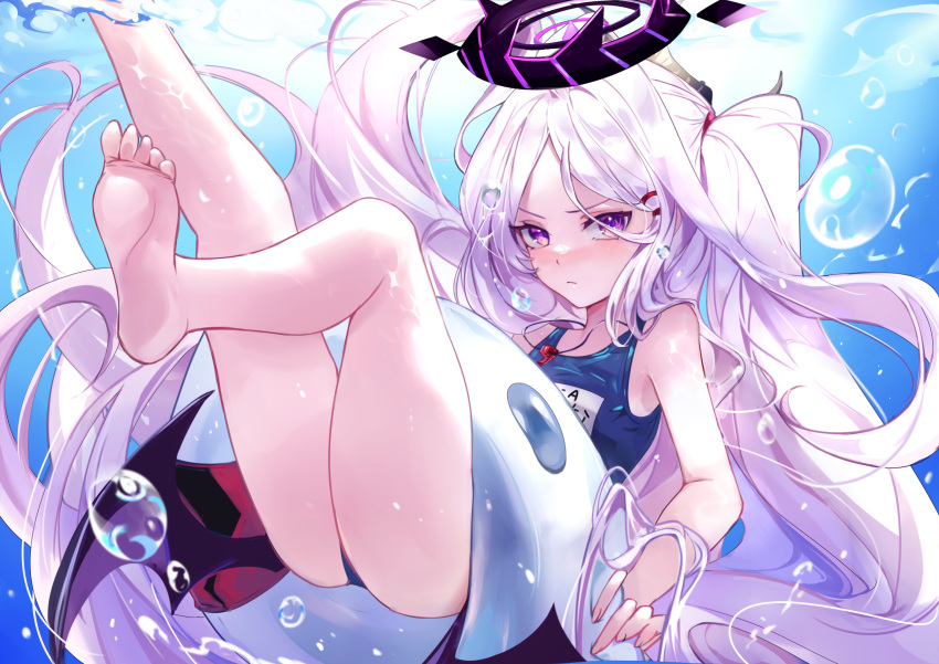 1girl ass bangs barefoot blue_archive blue_swimsuit blush collarbone commentary_request demon_horns demon_wings hair_ornament hairclip halo highres hina_(blue_archive) horns legs_up lifebuoy long_hair looking_at_viewer multiple_horns name_tag one_side_up purple_eyes school_swimsuit sidelocks soles solo swimsuit vardan water_drop whistle whistle_around_neck white_hair wings