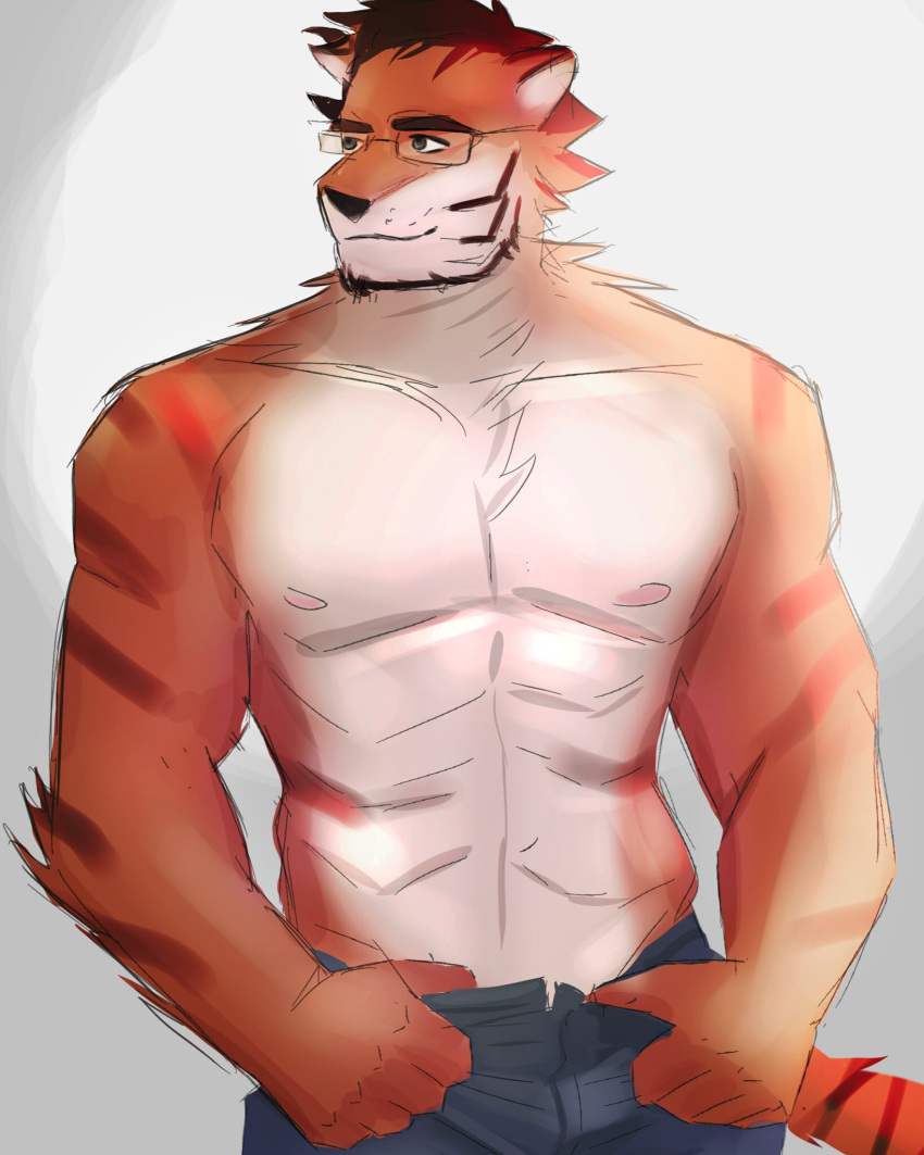 abs anthro clothing confidence domestic_cat felid feline felis furry fursona) half_naked hi_res leodoodles9 male mammal muscular nerd_(character) pantherine smile solo tiger underwear warm