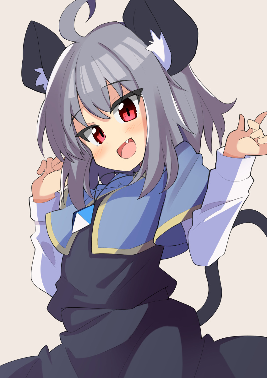 1girl :d absurdres ahoge animal_ear_fluff animal_ears bangs blue_cape blush breasts brown_background cape commentary_request cowboy_shot crystal eyebrows_visible_through_hair fang grey_hair grey_skirt grey_vest highres jewelry layered_clothing long_sleeves looking_at_viewer mouse_ears mouse_girl mouse_tail nazrin open_mouth pendant rafa_(rafua_kz) red_eyes shirt short_hair simple_background skirt skirt_set small_breasts smile solo tail touhou vest white_shirt