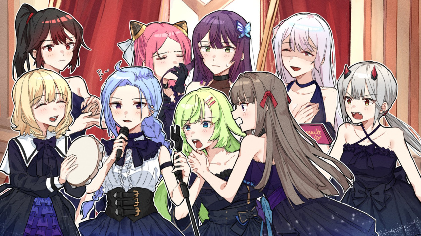 6+girls :d :| ahoge arm_strap assault_lily bangs bare_arms bare_shoulders black_bow black_bowtie black_choker black_dress black_gloves black_jacket black_shirt blonde_hair blue_eyes blue_hair blue_skirt blunt_ends blush bow bowtie braid braided_ponytail breasts brown_hair butterfly_hair_ornament castanets center_frills choker cleavage closed_eyes closed_mouth collarbone commentary_request corset covered_mouth criss-cross_halter curtains danji_(danji_bang) dress dress_bow drill_hair eighth_note eyebrows_visible_through_hair facing_another false_smile fangs flower frilled_dress frilled_shirt frilled_shirt_collar frilled_skirt frills fujita_asagao funada_kiito funada_ui gloves gradient_dress gradient_skirt green_eyes green_hair grey_hair hair_behind_ear hair_flower hair_ornament hair_ribbon hairclip hairpods halter_dress halterneck hand_to_own_mouth hand_up hands_up high_ponytail highres holding holding_another's_hair holding_hands holding_instrument holding_microphone holding_microphone_stand horns igusa_subaru imamura_yukari_(assault_lily) indoors instrument interlocked_fingers jacket kawabata_hotaru korean_commentary kozue_west long_hair long_sleeves looking_at_another looking_away low_twintails medium_breasts microphone microphone_stand mixed-language_commentary multiple_girls musical_note nagasawa_yuki_(assault_lily) one_eye_closed open_clothes open_jacket open_mouth outline own_hands_together parted_bangs parted_lips pink_eyes pink_flower pink_hair ponytail print_dress print_jacket profile purple_dress purple_eyes purple_hair purple_skirt red_eyes red_horns red_ribbon ribbon shaded_face shiba_tomoshibi shirt short_hair siblings side-by-side side_braid sideways_glance silver_hair single_braid sisters skirt sleeveless sleeveless_shirt smelling smelling_hair smile sparkle_print standing starry_sky_print strapless strapless_dress sweatdrop tambourine twin_drills twintails underboob v-shaped_eyebrows white_outline white_ribbon white_shirt yuri