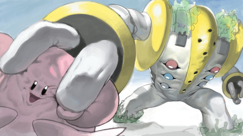 blissey foreshortening highres no_humans owakarei parody pokemon pokemon_(creature) regigigas squash