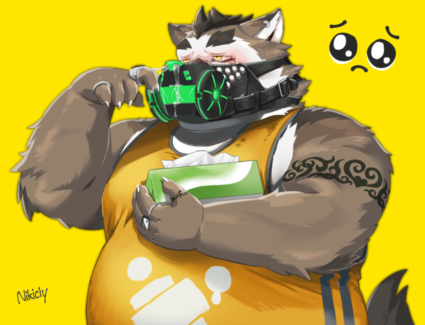 2022 anthro belly big_belly canid canine canis clothing face_mask humanoid_hands kemono male mammal nikiciy overweight overweight_male sad shirt simple_background solo tattoo topwear wolf yellow_background