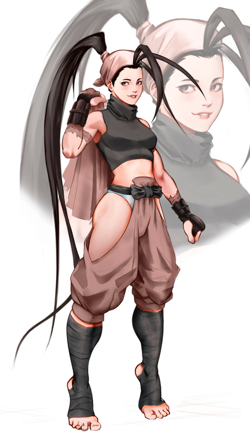 1girl absurdres ankle_wrap antenna_hair armor black_hair black_shirt breasts brown_bandeau brown_eyes brown_pants capraraw clenched_hand crop_top english_commentary forehead high_ponytail highres hip_vent ibuki_(street_fighter) jacket jacket_on_shoulders japanese_armor kote leg_wrap lips long_hair looking_away medium_breasts ninja no_shoes nose panties pants shirt sleeveless sleeveless_turtleneck solo standing street_fighter street_fighter_iii_(series) thighs tiptoes toes toned turtleneck underwear very_long_hair white_panties zoom_layer
