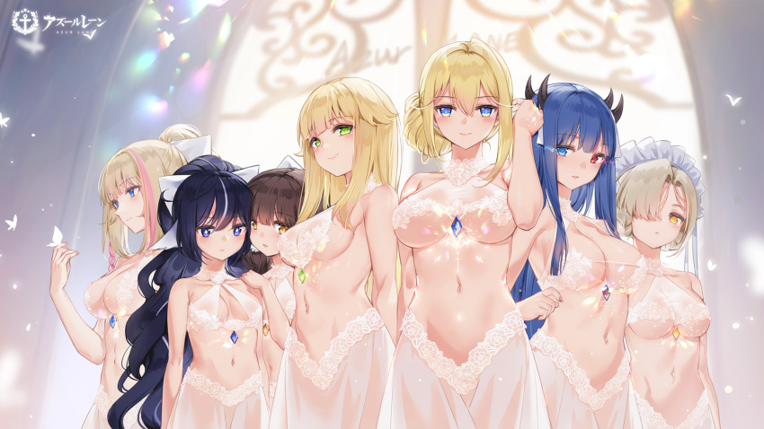 6+girls aurora_(azur_lane) azur_lane bangs bare_shoulders blush breasts cleavage closed_mouth collarbone commentary cowboy_shot eyebrows_visible_through_hair hair_between_eyes harutsuki_(azur_lane) highres ibuki_(azur_lane) indoors jeanne_d'arc_(azur_lane) looking_at_viewer maya_g multiple_girls navel parted_lips richmond_(azur_lane) sheffield_(azur_lane) sideboob sidelocks smile standing stomach underboob yoizuki_(azur_lane)