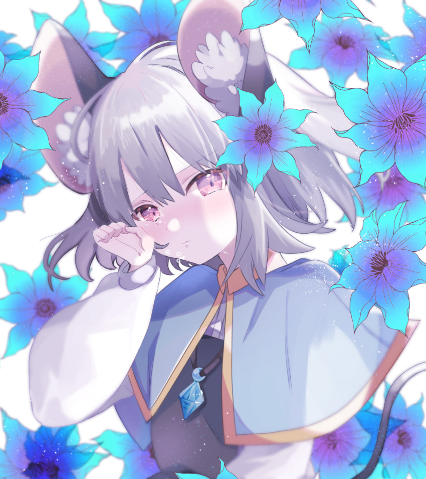 1girl animal_ear_fluff animal_ears bangs blue_capelet blue_flower blush capelet closed_mouth commentary crying crying_with_eyes_open crystal expressionless eyebrows_visible_through_hair flat_chest flower grey_hair grey_vest hair_between_eyes hall_jion hibiscus highres jewelry long_sleeves looking_at_viewer mouse_ears mouse_girl mouse_tail nazrin pendant red_eyes shirt short_hair solo tail tears touhou upper_body vest white_background white_shirt wiping_tears