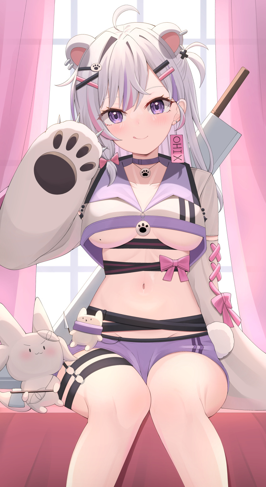 1girl :q absurdres ahoge animal_ears animal_hands bear_ears breasts choker collarbone gloves hand_up highres indie_virtual_youtuber koiten_production long_hair looking_at_viewer medium_breasts mole mole_on_breast multicolored_hair navel paw_gloves pink_hair purple_choker purple_hair purple_shorts shorts sitting solo starfox1015 sword sword_behind_back tongue tongue_out underboob virtual_youtuber weapon weapon_on_back white_hair xiho_(vtuber)