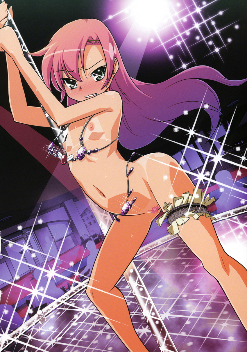 1girl bangs blush clenched_teeth dutch_angle embarrassed flat_chest garter garters hayate_no_gotoku! highres humiliation indoors jewelry katsura_hinagiku lens_flare long_hair looking_at_viewer miyagoe miyagoe_yoshitsuki money multiple_boys navel nude pole pole_dancing small_breasts sparkle stage tan tanline tanlines uncensored very_long_hair