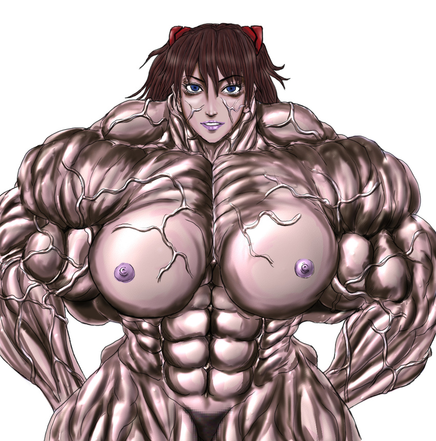 abs breasts brown_hair extreme_muscles female flex flexing hands_on_hips hot huge muscle muscles muscular neon_genesis_evangelion no_bra no_panties pose posing sexy shikinami_asuka_langley soryu_asuka_langley souryuu_asuka_langley veins