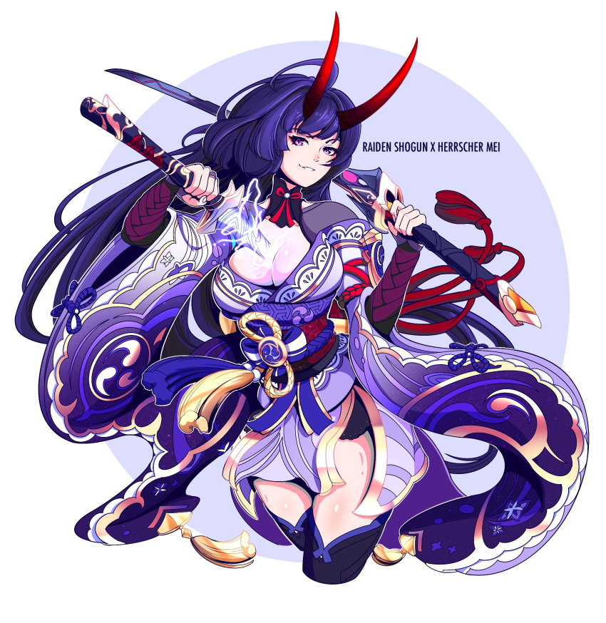 1girl :d absurdres bangs breasts character_name cleavage cosplay crossover dual_wielding genshin_impact grin highres holding honkai_(series) honkai_impact_3rd horns japanese_clothes katana kimono looking_at_viewer mihoyo_technology_(shanghai)_co._ltd. namesake power_connection purple_eyes purple_hair purple_kimono raiden_mei raiden_mei_(herrscher_of_thunder) raiden_shogun raiden_shogun_(cosplay) sawashiro_miyuki smile solo spiritdraws sword teeth voice_actor_connection weapon