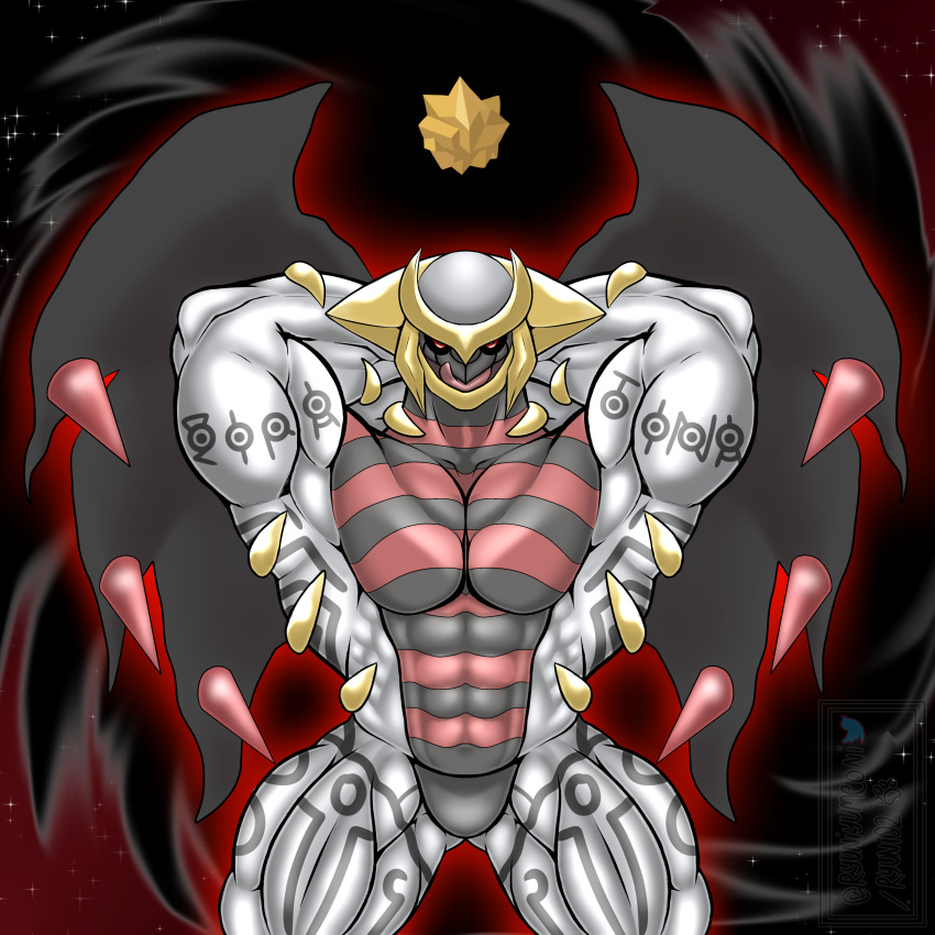 absurd_res altered_forme_giratina anthro aura character_cipher evil_grin giratina griseous_core hi_res legendary_pok&eacute;mon male muscular muscular_anthro muscular_male nintendo pok&eacute;mon pok&eacute;mon_(species) ryuni sky smile solo spikes star starry_sky tattoo text unknown_(disambiguation) unown_(pok&eacute;mon) unown_a unown_g unown_i unown_n unown_r unown_t unown_text video_games wings