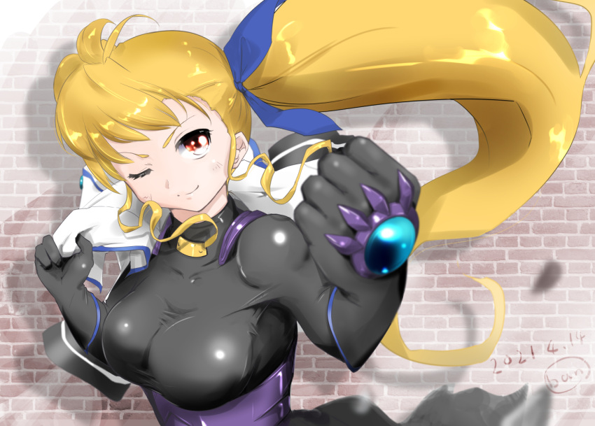 1girl artist_name ban_(777purin) black_bodysuit blonde_hair blush bodysuit breasts closed_mouth dated hair_ornament hair_ribbon large_breasts long_hair looking_at_viewer lyrical_nanoha mahou_shoujo_lyrical_nanoha_vivid one_eye_closed ponytail ribbon shiny shiny_hair smile solo upper_body vivio