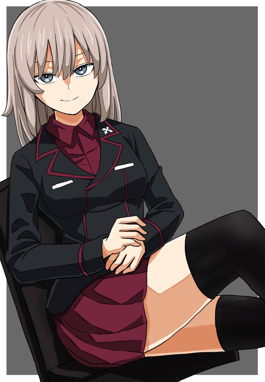 1girl bangs black_jacket black_legwear blue_eyes chair closed_mouth commentary dress_shirt from_side girls_und_panzer grey_background half-closed_eyes highres insignia itsumi_erika jacket knee_up kuromorimine_military_uniform long_sleeves looking_at_viewer medium_hair military military_uniform miniskirt natsume_mina office_chair outside_border pleated_skirt red_shirt red_skirt shirt silver_hair sitting skirt smile solo thighhighs uniform wing_collar