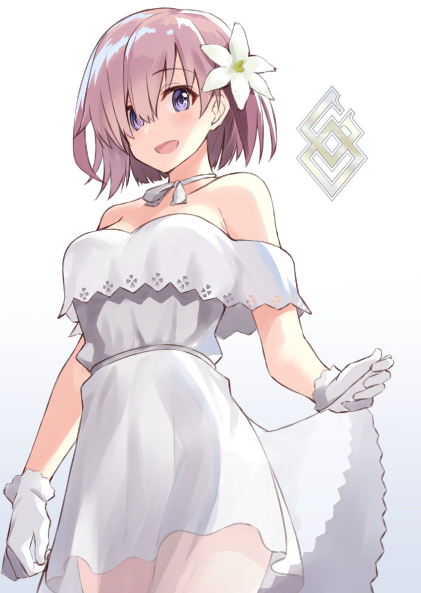 1girl absurdres bangs bare_shoulders blue_eyes blush cowboy_shot dress eyebrows_visible_through_hair fate/grand_order fate_(series) flower gloves hair_flower hair_ornament hair_over_one_eye highres looking_at_viewer mash_kyrielight mash_kyrielight_(formal_dress) official_alternate_costume open_mouth purple_hair short_hair shunichi smile solo thighs white_dress white_flower white_gloves