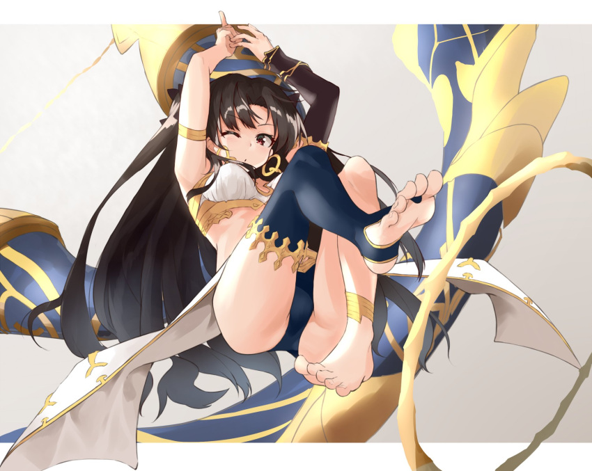 1girl anklet arms_up asymmetrical_clothes barefoot black_hair crown earrings fate/grand_order fate_(series) feet floating hair_ribbon heavenly_boat_maanna highres ishtar_(fate) jewelry levitation long_hair long_legs looking_at_viewer one_eye_closed red_eyes revision ribbon shunichi single_thighhigh soles solo thighhighs toeless_legwear toes weapon