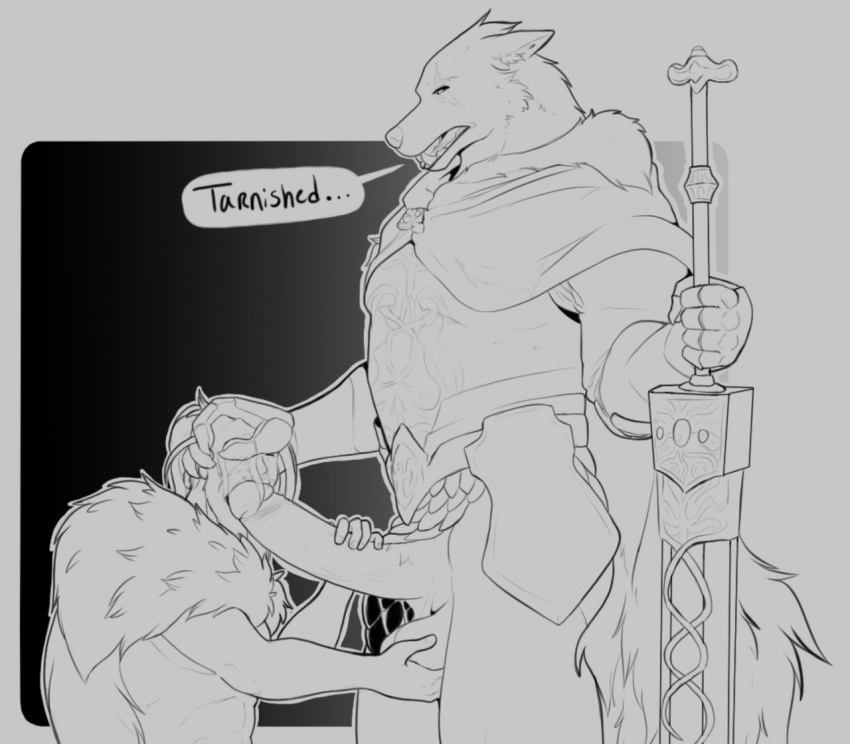 2022 anthro armor ball_fondling balls big_penis biped blaidd_(elden_ring) bottomless bottomless_anthro bottomless_male breastplate canid canine canis cloak clothed clothing digital_media_(artwork) duo elden_ring erection fondling fromsoftware genitals hand_on_head hand_on_penis holding_object holding_sword holding_weapon human human_on_anthro humanoid_genitalia humanoid_penis interspecies larger_anthro larger_male male male/male mammal melee_weapon merffle penis size_difference smaller_human smaller_male sword tarnished_(elden_ring) video_games weapon wolf