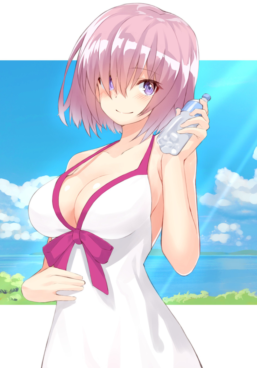 1girl absurdres bangs bare_shoulders blue_sky bottle breasts cleavage collarbone dress_swimsuit fate/grand_order fate_(series) hair_over_one_eye highres large_breasts light_purple_hair light_rays looking_at_viewer mash_kyrielight mash_kyrielight_(swimsuit_of_perpetual_summer) ocean purple_eyes short_hair shunichi sky smile solo swimsuit water_bottle white_swimsuit