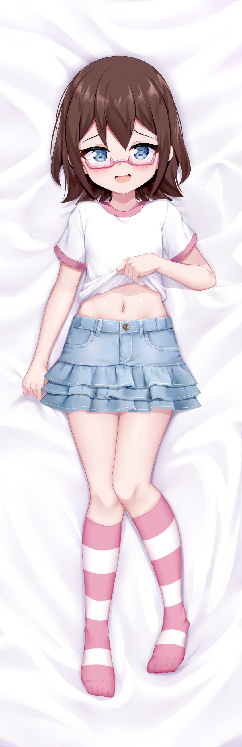 1girl :d absurdres bangs bed_sheet blue_eyes blue_skirt brown_hair chrisandita clothes_lift commission dakimakura_(medium) denim denim_skirt eyebrows_visible_through_hair full_body glasses highres kneehighs layered_skirt lifted_by_self looking_at_viewer lying navel no_shoes on_back original pink-framed_eyewear pixiv_request pleated_skirt semi-rimless_eyewear shirt shirt_lift short_sleeves skirt smile solo striped striped_legwear under-rim_eyewear white_shirt