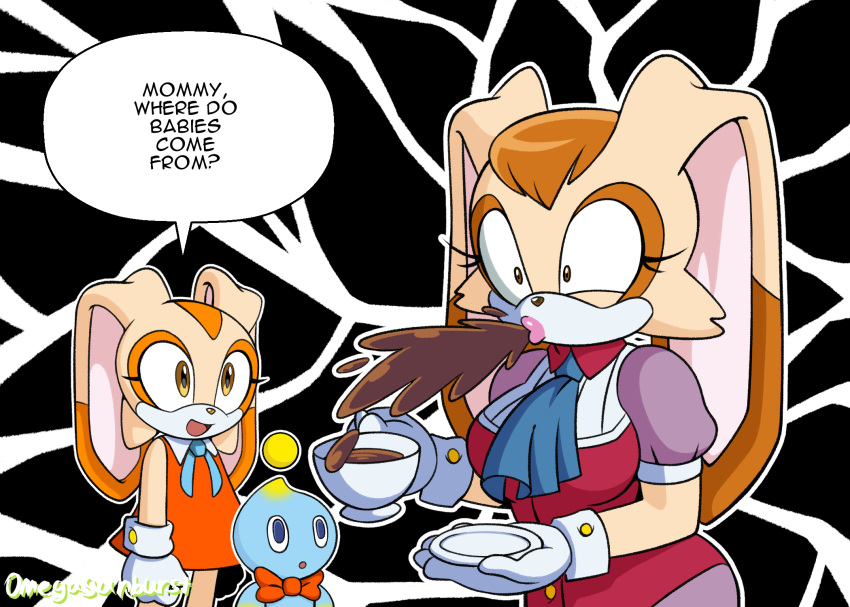 anthro beverage chao_(sonic) cheese_the_chao coffee coffee_cup container cream_the_rabbit cup dialogue english_text female group hi_res lagomorph leporid mammal omegasunburst rabbit saucer sega shatter sonic_the_hedgehog_(series) spit-take text vanilla_the_rabbit