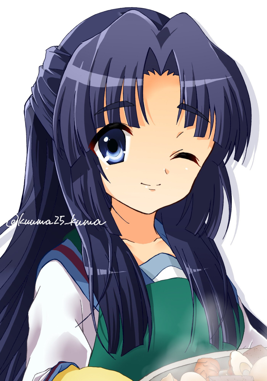 1girl apron artist_name asakura_ryouko bangs blue_eyes blue_hair blue_sailor_collar eyebrows_visible_through_hair food green_apron highres holding kita_high_school_uniform kuuma25_kuma long_hair looking_at_viewer mittens oden one_eye_closed parted_bangs sailor_collar school_uniform serafuku simple_background solo steam suzumiya_haruhi_no_shoushitsu suzumiya_haruhi_no_yuuutsu twitter_username upper_body watermark white_background