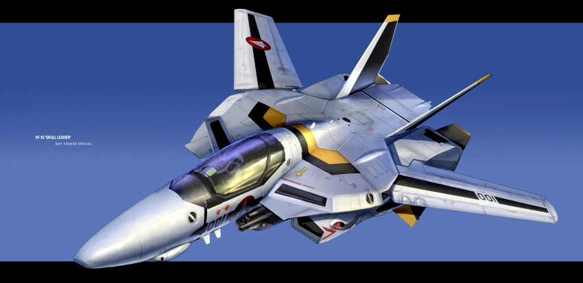 absurdres asterozoa blue_sky character_name choujikuu_yousai_macross english_text flying gunpod helmet highres macross macross:_do_you_remember_love? mecha pilot pilot_suit realistic roundel science_fiction sky u.n._spacy variable_fighter vf-1 vf-1s