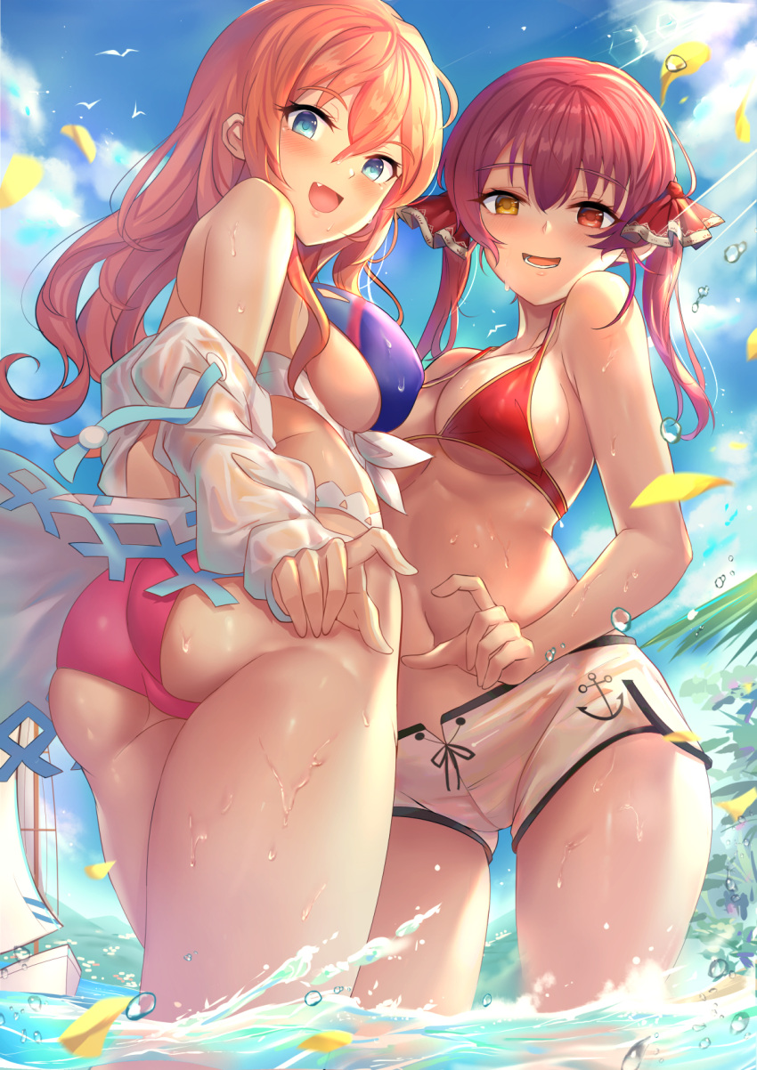 2girls :d anchor_print ass bikini bird blue_bikini blue_eyes blue_sky breasts cleavage fang hair_ribbon heart heart_hands heart_hands_duo heterochromia highres hololive houshou_marine large_breasts long_hair marina_(world_flipper) multiple_girls navel orange_hair partially_submerged pink_bikini red_bikini red_eyes red_ribbon ribbon short_shorts shorts sky smile sunlight swimsuit twintails two-tone_bikini virtual_youtuber water wet white_shorts world_flipper yellow_eyes yougen_kitsune